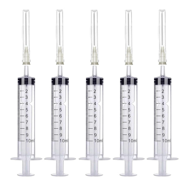 5 Pack 10ml Plastic Syringe with Needle, Syringe for Liquid, Oral, Scientific Labs, Individually Wrapped