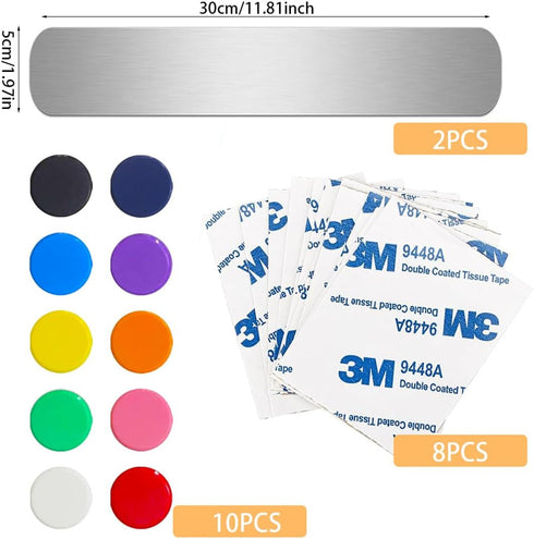Stainless Iron Strips Bulletin Bar Board Adhesive Frameless Magnetic Bulletin Bar Strip with 10 Pieces Colorful Magnets and 8 Pcs Adhesive Tape, Memo Strip for School Office 2Pcs by XIZAO