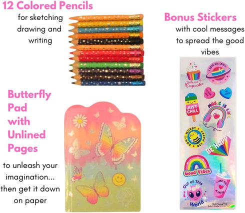 Kids Clipboard Storage Case – Cute Butterfly Design Pink Clip Board with 12 Erasable Colored Pencils, Pad, Stickers