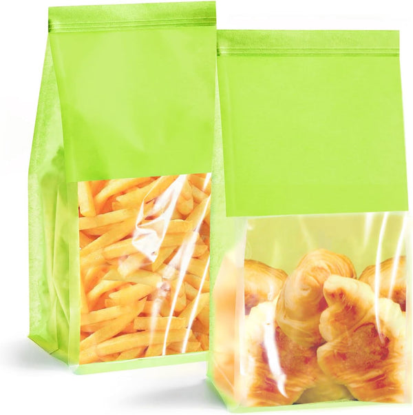 SixWeKit 50-Pack Reusable Bakery Bags - Windowed Kraft Paper Bags with Seal &
