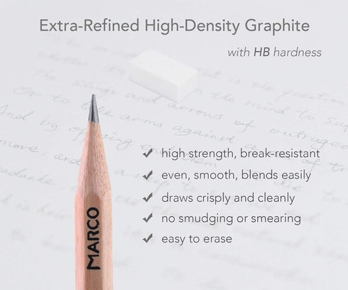 Marco Natural Wood Grain Graphite Drawing HB Pencil, Wood-Cased Sketching Pencils, Pack of 50