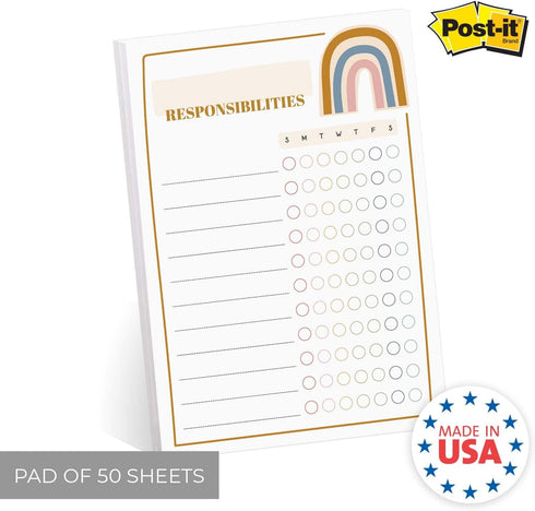 Modern Rainbow Responsibility Chart Sticky Note Pad, 50 Sheets, 8" x 11.5" Boho Chore Tracker Checklist