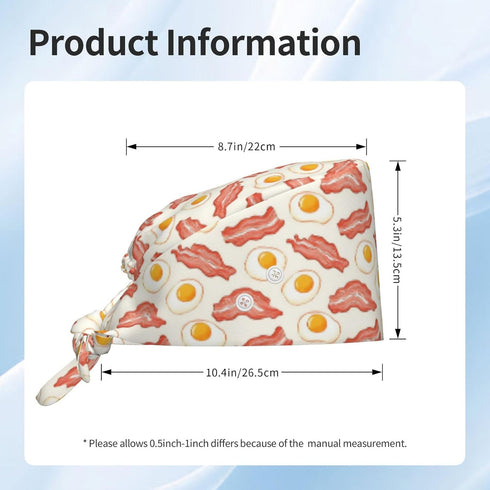 Nurse Scrub Cap Men Women with Buttons - Cartoon Bacon Egg Print Soft Comfy Surgical Cap, Adjustable Tie Back Scrub