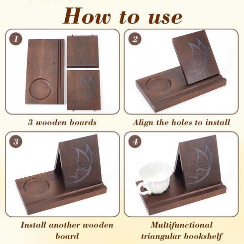 5.5"9.8"6.3" INFUNLY Wooden Triangle Book Holder with Butterfly Print Book Nook Reading Valet Reading Book Stand