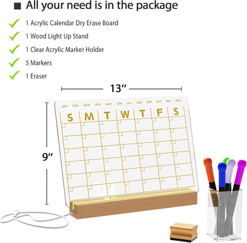 Clear Dry Erase Board Calendar, 13 x 9 Inch for Bedroom/Office, Includes 4 Dry Erase Markers