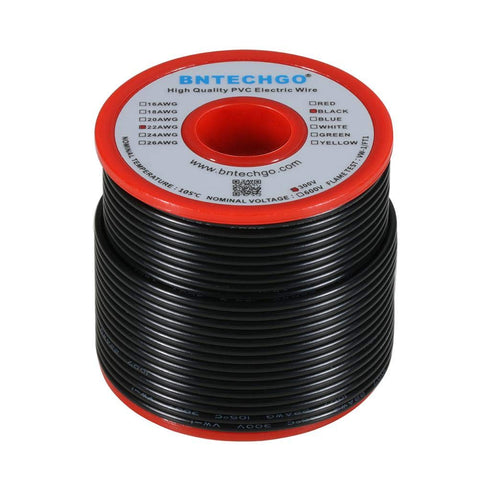 BNTECHGO 22 Gauge PVC 1007 Solid Electric Wire Black 100 ft 22 AWG 1007 Hook Up Tinned Copper Wire