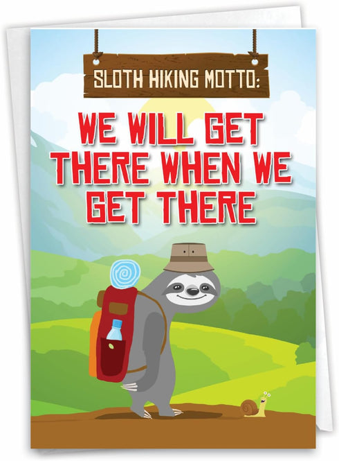 NobleWorks Cute Belated Birthday Card with Envelope, Funny Wild Animals and Pets, Birthday Greeting - Sloth Hiking