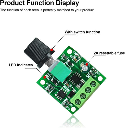 PWM Low Voltage DC Motor Speed Controller 1.8V to 12V 2A 24W Adjustable Driver Switch 1 Pack