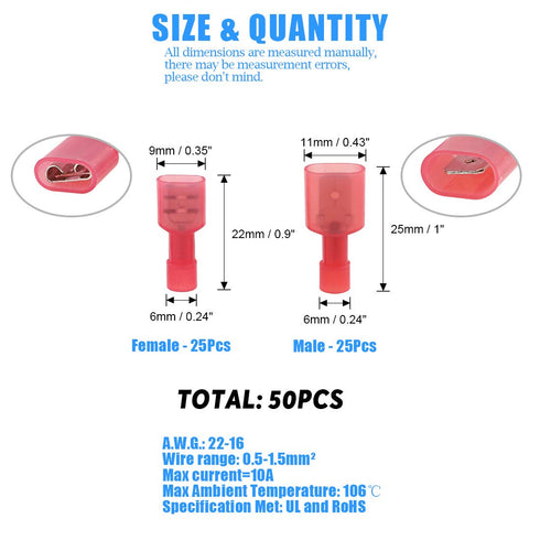 Glarks 50pcs 22-16 Gauge Fully Insulated Female Male Spade Nylon Quick Disconnect Electrical Connectors