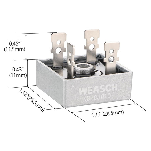 2Pcs Bridge Rectifier Diode: KBPC3010, AC to DC, 1000V 30A, 4 Pin, Full Wave Metal Housing