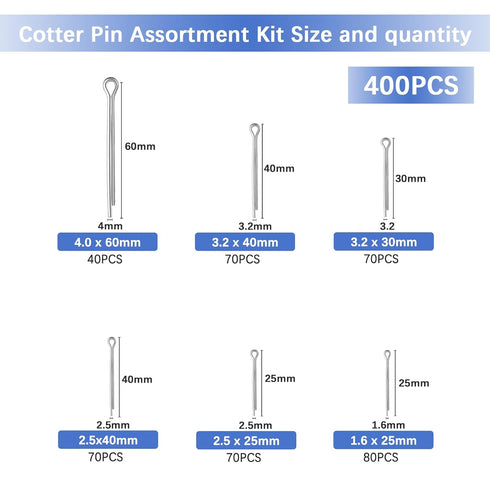 Cotter Pin Assortment, 400PCS Hairpin Cotter Pins, Split Pin Fastener Clips, Straight Hairpins, Holds Pins or Castle Nuts in Place (Zinc Plated Steel)