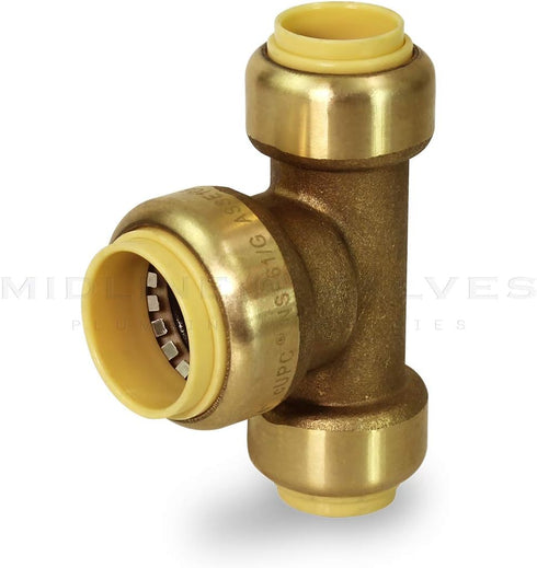 Supply Giant VQFU121234 Push Tees, 1/2 Inch x 1/2 Inch x 3/4 Inch Long Push-Fit Fittings, No Lead DZR Brass