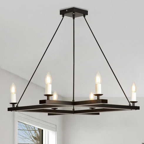Black Farmhouse Chandeliers,6-Light Square Dining Room Chandelier Light Fixture,43" Rectangular Candle Chandelier