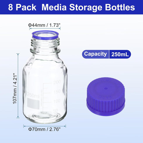 PATIKIL 8 Pack Reagent Media Storage Bottles, 250ml Borosilicate Glass Round Bottles with GL45 Blue Screw Cap