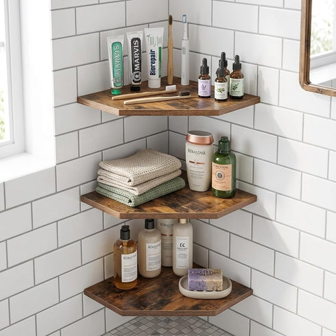 SUYU Set 3 11.8" of Floating Corner Shelves, Rustic Wood Corner Shelf Wall Mounted, L-Shaped Corner Wall Shelf