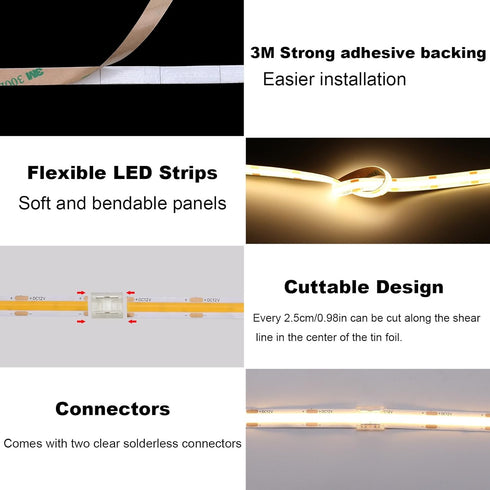 12V 3000K IP65 480LEDs/M 4000Lm CRI>90 16.4ft/5M TOPAI COB LED Strip Light Warm White Waterproof Super Bright Dotless
