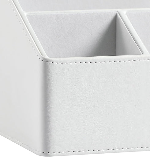 PU Leather Desk Organizer - Luxury Remote Control Holder for Home, Office Desk Accessories, Nightstand Organizer (White)