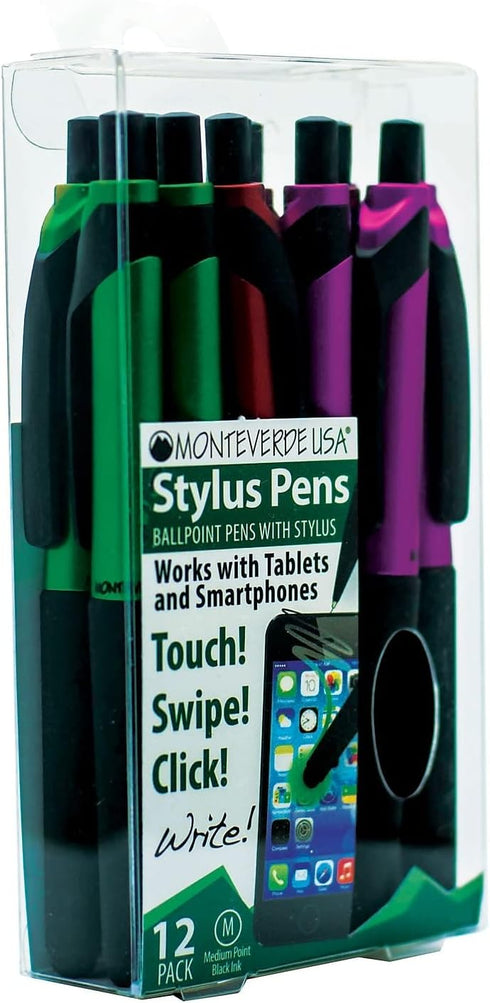 S-106 Click Action One-Touch Ballpoint Pen with Front Stylus, Assorted Colors (12 Pack)