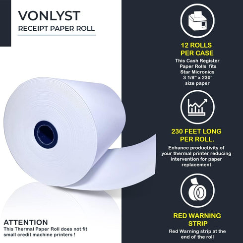 Receipt Paper Roll 3 1/8 x 230 for Square Register and Square POS System, Pack of 12 Rolls -