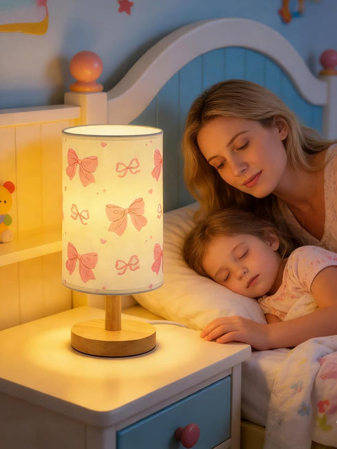 Agrollozi 3-Way Dimmable Pink Bow Table Lamp, Girls for Bedroom Bedside Lamp, Nightstand Night Light with Linen Fabric