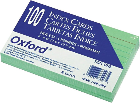 Oxford Ruled Color Index Cards, Green, 3" x 5", 100 Per Pack (7321 GRE)