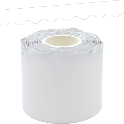 Teacher Created Resources White Scalloped Rolled Border Trim - 50ft for Decorating Bulletin Boards, Walls, Desks, and