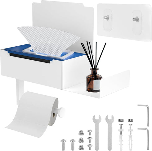 Hevtsde Toilet Paper Holder with Shelf - Carbon Steel Wipes Dispenser for Bathroom, Easy Cleaning No Drilling Wall