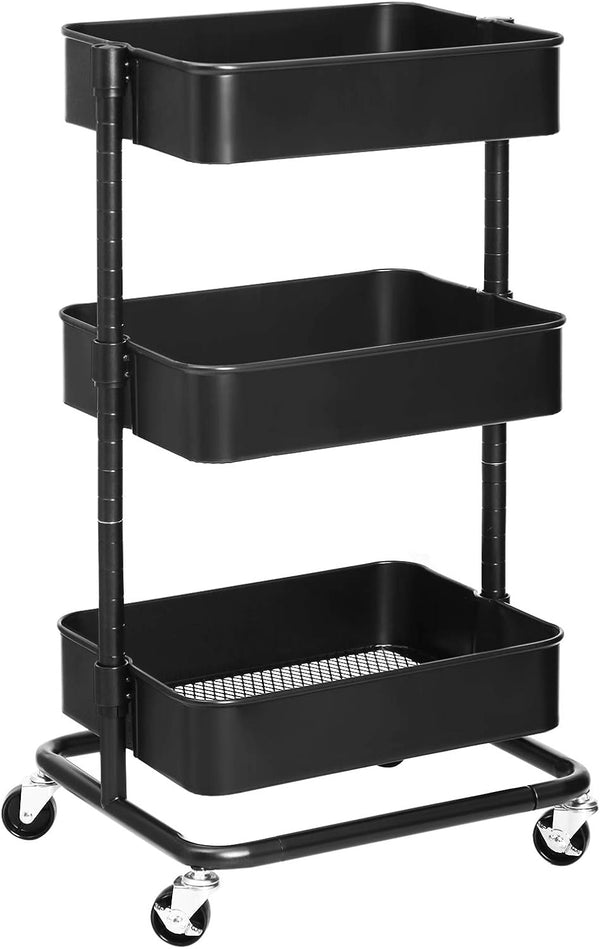 SONGMICS 3-Tier Metal Rolling Cart, Utility Kitchen Cart with Adjustable Shelves, Storage Trolley, Black UBSC60B