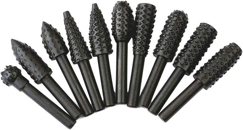 10pc Carbon Steel Rotary Burr Rasp Set, 1/8''(3mm) Shank Wood Carving File Rasp Drill Bits for DIY Woodworking,