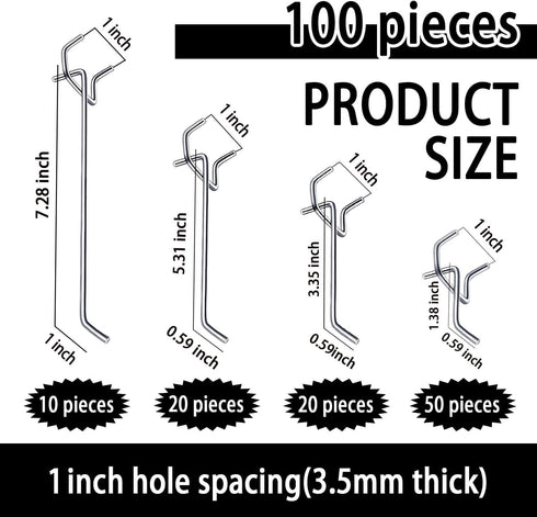 100PCS Heavy Duty Pegboard Hooks for 1/8 & 1/4 Inch Pegboard, Metal Hooks Kits for Hanging Tools