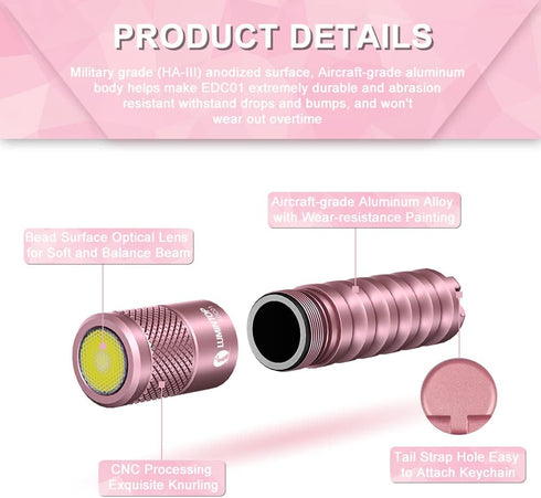 LUMINTOP EDC01 Pink Keychain Flashlight, 120 Lumen AAA Waterproof EDC Light for Everyday Use, 32 Hours