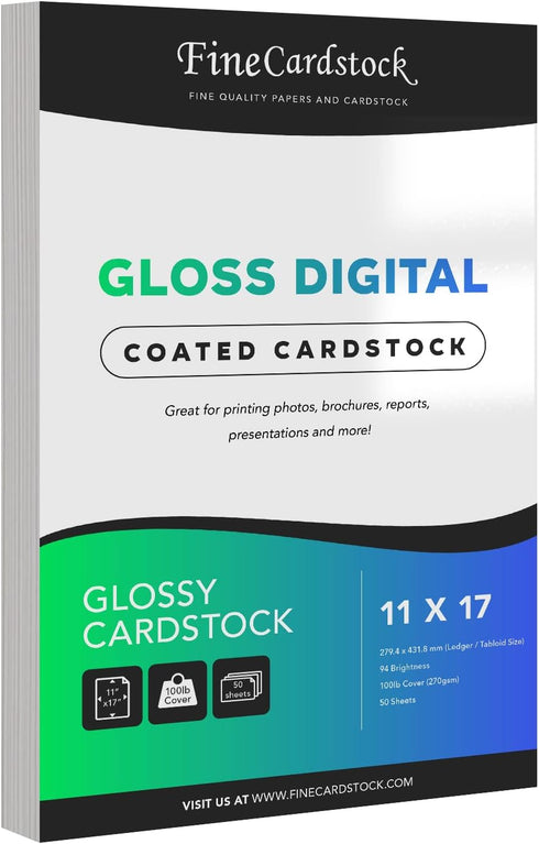 Double-Sided Gloss Digital C2S Cardstock Paper, 11 x 17, 100lb Cover, Perfect for Color Laser Printing