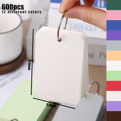 Koogel 600PCS Index Cards with Rings and Covers, 3.5 x 2.2 Inch Blank Index Cards in 12 Colors
