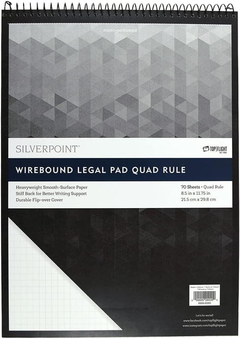 Top Flight Silverpoint Top Wire Pad, Heavy Back, Quadrille Rule, 8.5 x 11.75 Inches,
