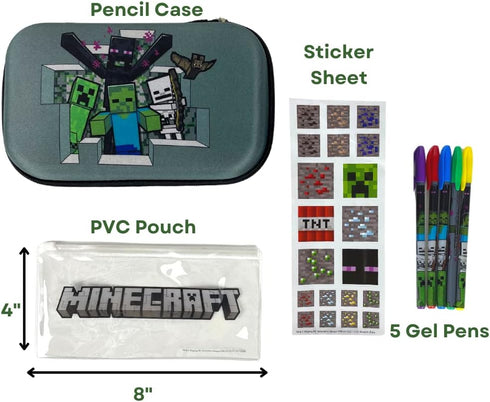 Innovative Designs Minecraft Pencil Case Set, Stickers and Gel Pens for Kids, Molded with Zip Closure