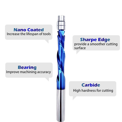 1/4" 1-1/8" 3",Carbide Compression Spiral Flush Trim Router Bit with Double Ball Bearing, Shank Cutting Length Extra