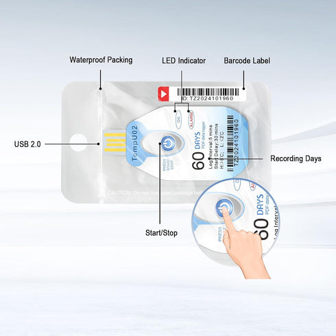 1 Pack, 60 IP67 TempU02 Tzone Temperature Data Logger USB with PDF Report Single Use Thermometer Logger Disposable Temp