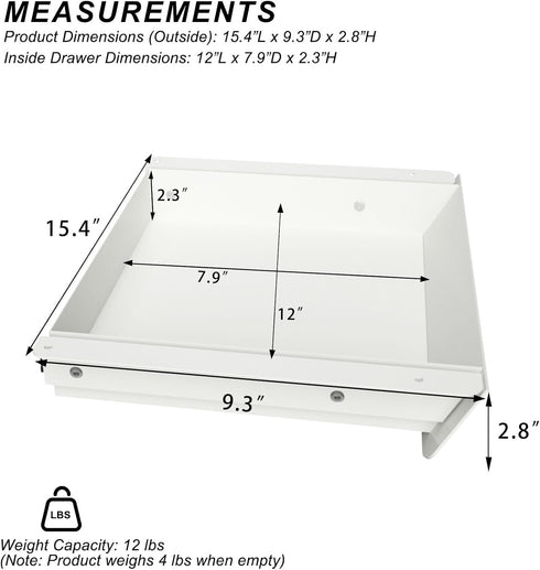 White Under Desk Mounted Sliding Drawer, 60 Degree Tilt Panel, 15'' long & 9'' deep Large Storage Organizer for Sit