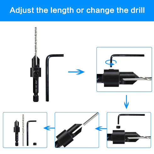 7 Pack Countersink Drill Bits Set, Wood Drill 3in1 with Adjustable Counterbore Cutting Depth and 2 Allen Wrenches