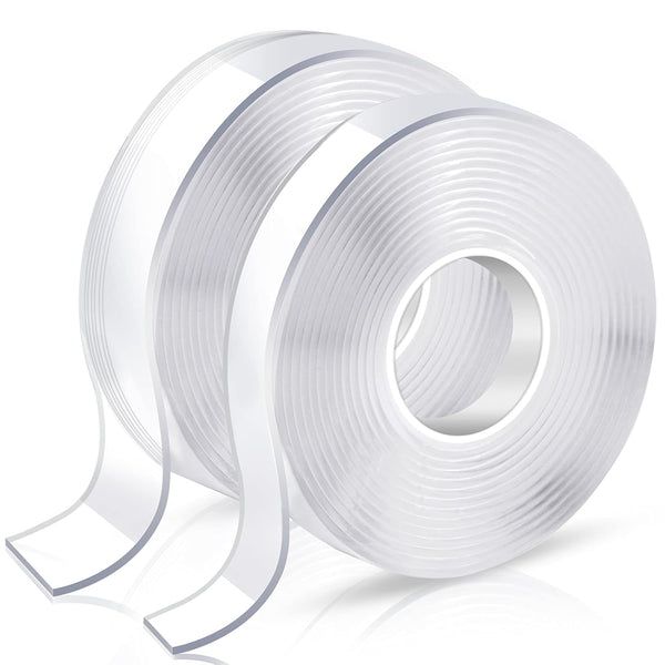 KUSUFEFI Heavy Duty Double Sided Adhesive Tape, 2 Rolls Total 20FT, Clear Removable Poster Tape for Home and Office