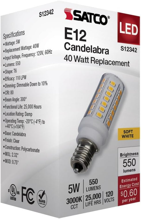 Satco 5W T6 Bulb, 3000K 120 Commercial, LED Mini Candelabra Clear Finish, Soft White, Volt, Residential Indoor Enclosed