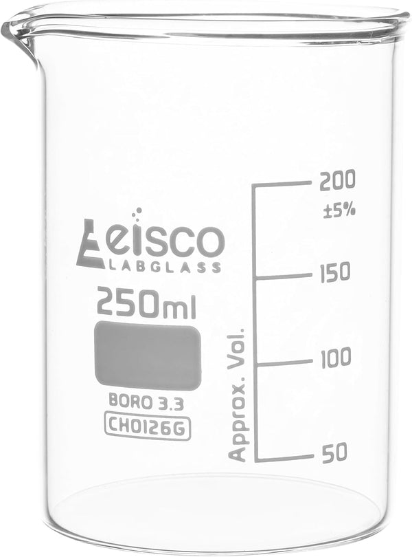 EISCO 250ml Beaker - Low Form with Spout - White, 50ml Graduations - Borosilicate 3.3 Glass