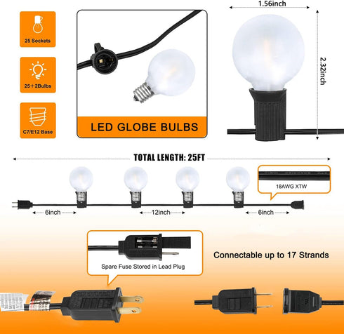 25Ft G40 27 Bulbs, LED Outdoor String Lights Frosted White Globe Patio Lights Waterproof with Shatterproof LED Hanging