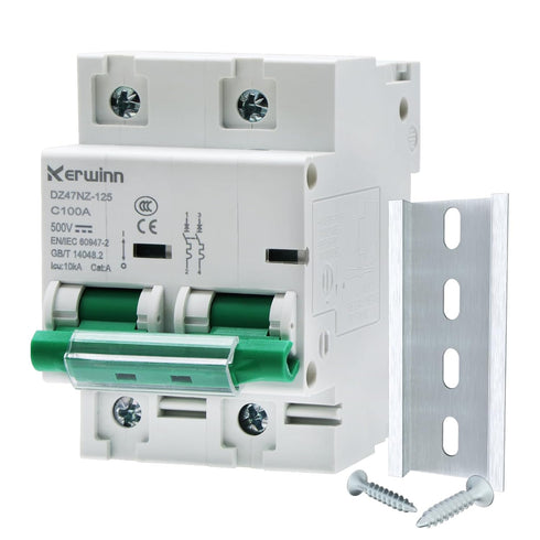 Miniature Circuit Breaker 500V DC, 2-Pole 100Amp, Smart DIN Rail Mount for Marine and Solar Power Systems (C100A)
