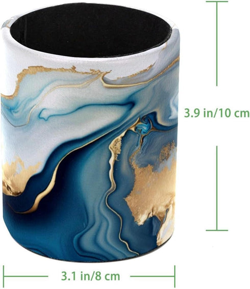 PU Leather Circular Pen Holder, Abstract Blue Gold Marble Desk Organizer with Flannel Lining for Office & Home