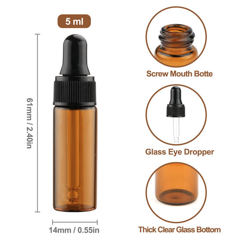 15Pcs Amber Glass Dropping Bottles (1ml, 2ml, 3ml, 5ml) - Mini Essential Oil Dropper Bottles with Black Cap