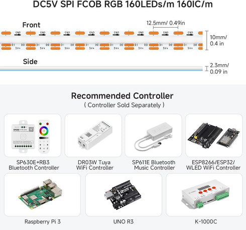 WS2812B DC5V 9.8FT 160Pixel/m 480LEDs 480IC IP30 0.39in BTF-LIGHTING FCOB COB IC RGB LED Strip Individual Addressable