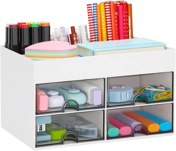 LETURE Desk Organizer with Drawer, Desktop Accessories for Pen/Pencil/Business Card/Sticky Notes, White