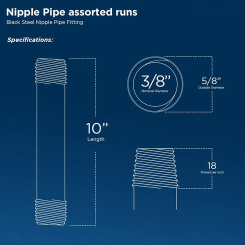 Everflow Supplies NPBL3810-5 Black Nipple Pipe, 1/8" x 10"