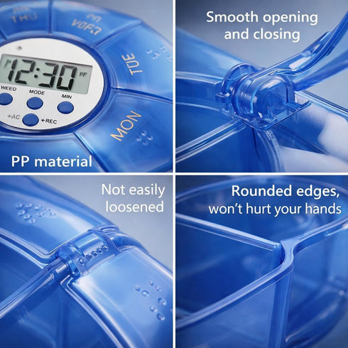 SPYMINNPOO Setting Case with Alarm, Up Voice Reminders for Medication Times Dispenser Reminder Alarm (Blue)